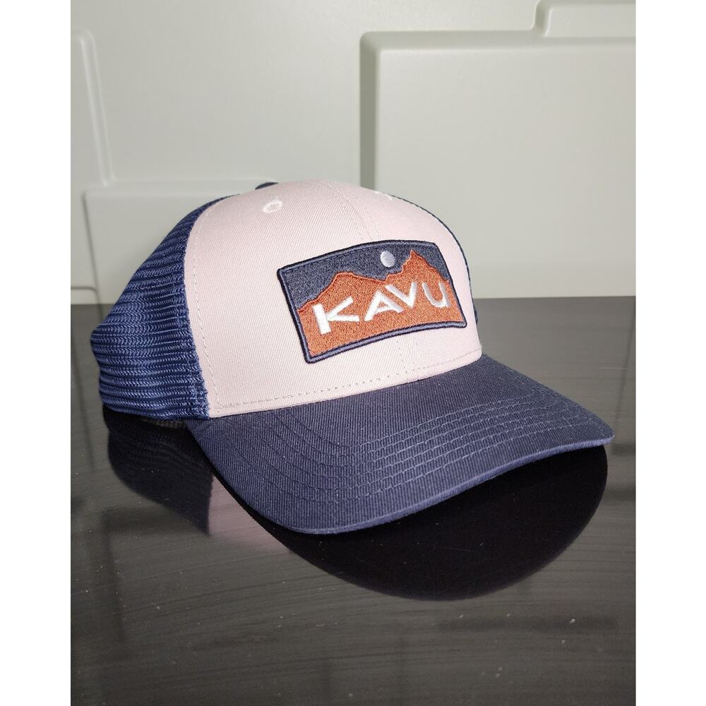 KAVU‎ Trucker Hat, Above Standard Cap w/Patch, Tan, Navy Mesh, Snapback